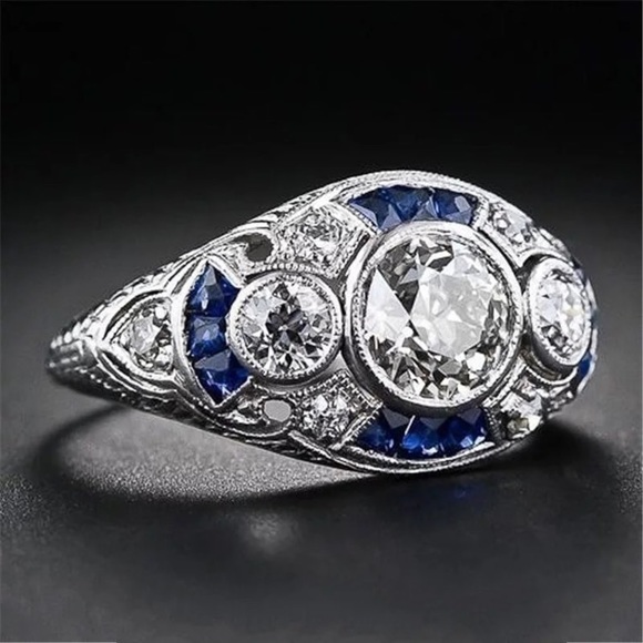 925 Sterling Art Deco Blue and White Sapphire Ring - Picture 2 of 16